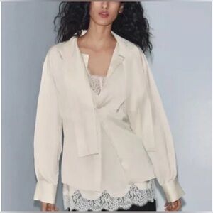 ZARA COMBINATION SATIN EFFECT BLOUSE ZW COLLECTION CREAM SIZE M